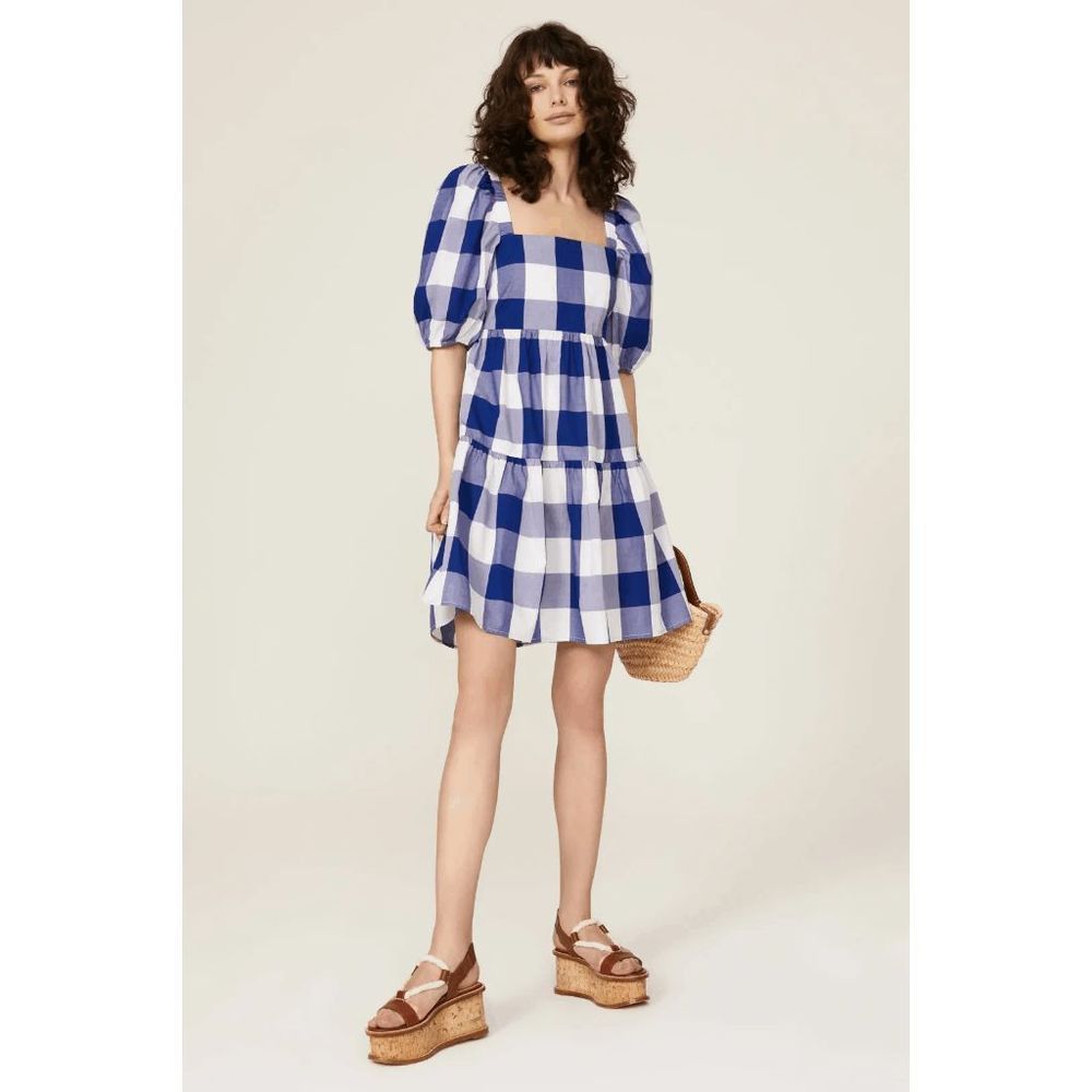 Peter Som Plaid Check Puff Sleeve Mini Summer Dress Back Tie Cotton Size 12